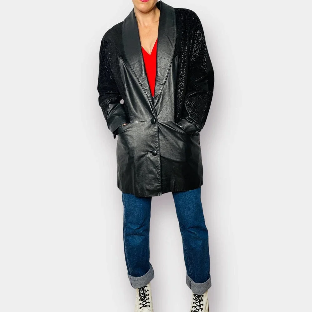 80s Comint Leather and Textured Suede Black Mid Length Coat‎
